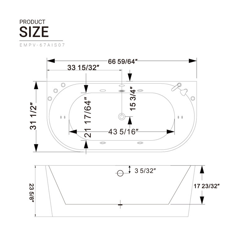 67'' White Acrylic Freestanding Whirlpool Bathtub with Faucet