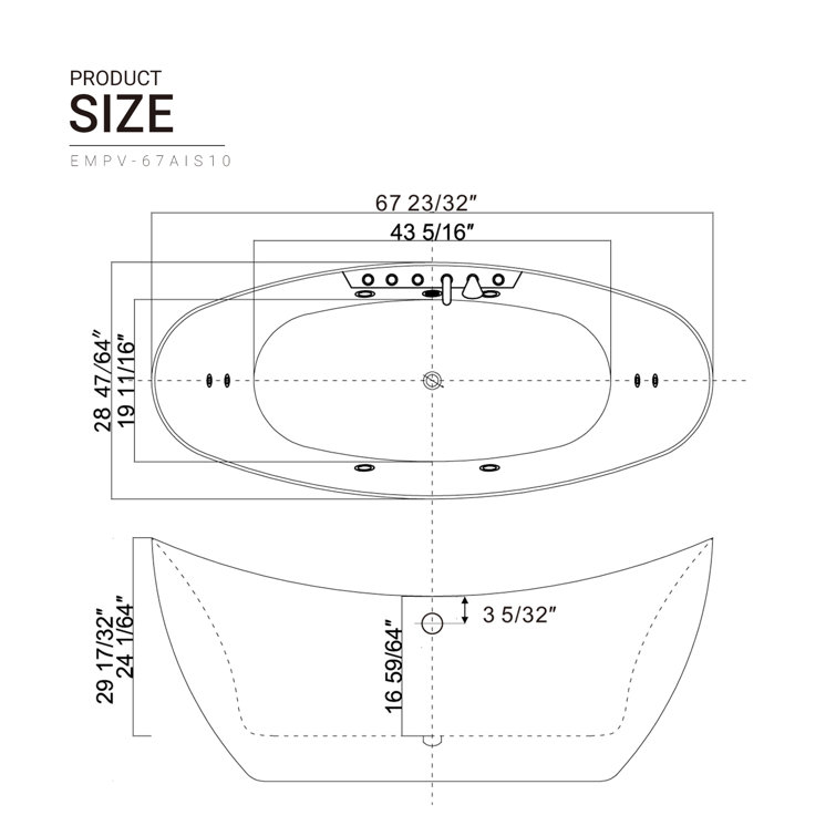 67'' White Acrylic Freestanding Whirlpool Bathtub with Faucet