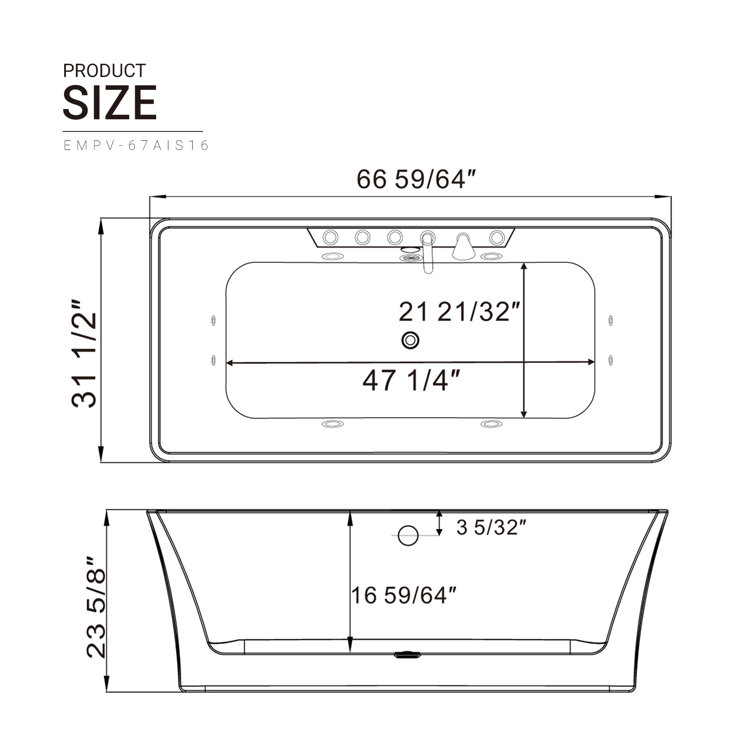67'' White Acrylic Freestanding Whirlpool Bathtub with Jets