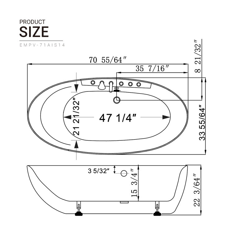 71'' White Acrylic Freestanding Whirlpool Bathtub with Faucet