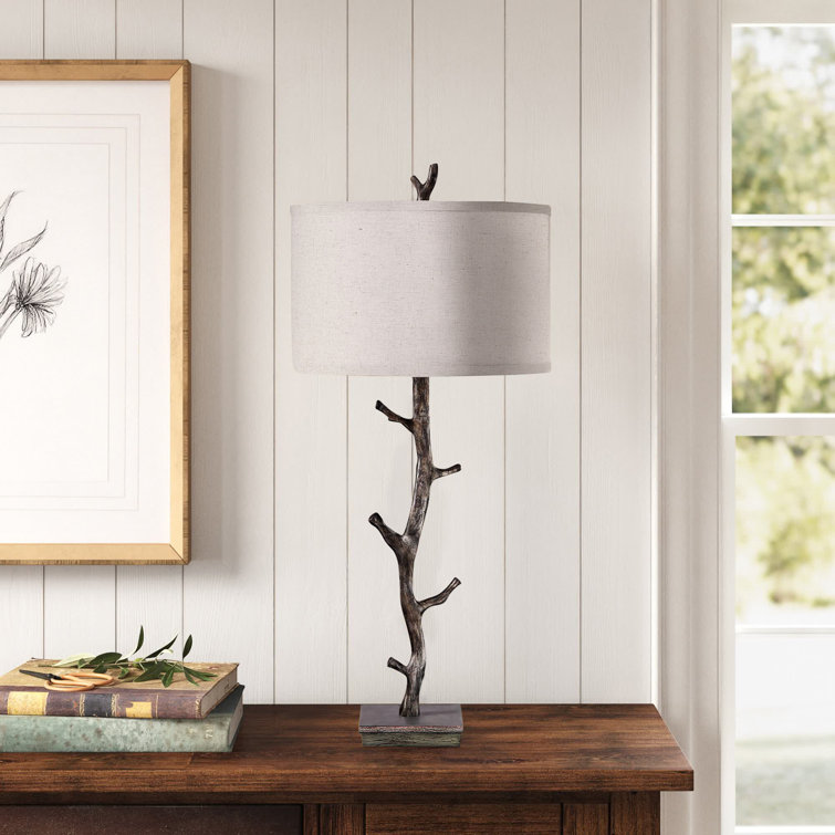 Dark Bronze and Off-White Branch Table Lamp with Linen Shade