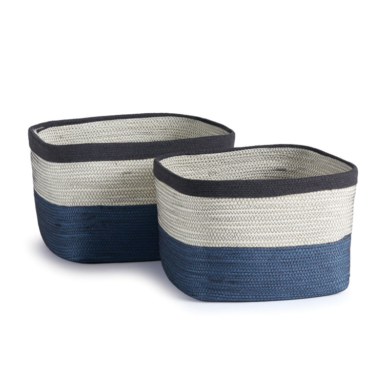 Ayden Natural and Blue Fabric Rectangular Storage Baskets, Set of 2
