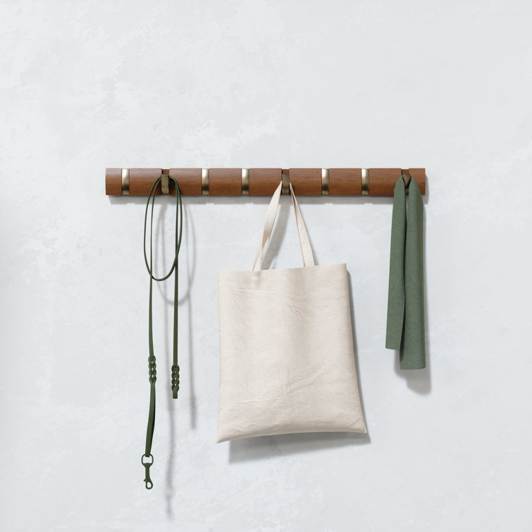 Walnut Wall Mounted Coat Rack with 8 Retractable Hooks