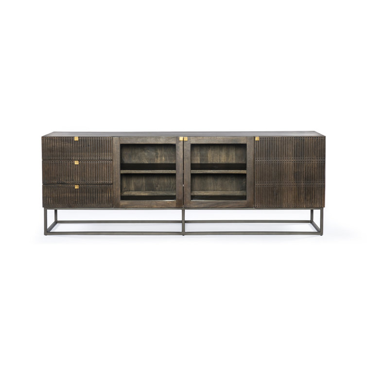 Vintage Brown Mango Wood TV Stand with Glass Doors
