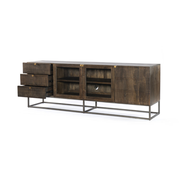Vintage Brown Mango Wood TV Stand with Glass Doors