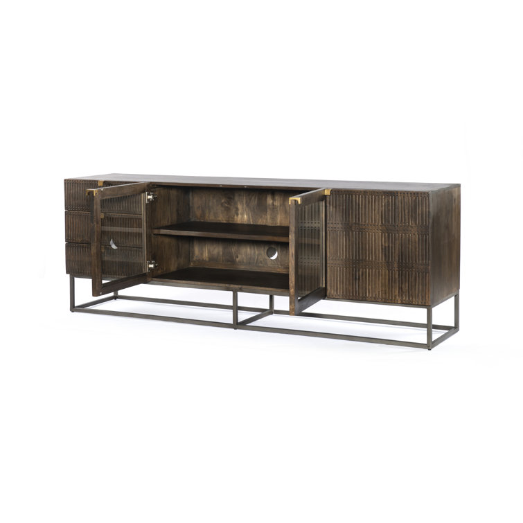 Vintage Brown Mango Wood TV Stand with Glass Doors