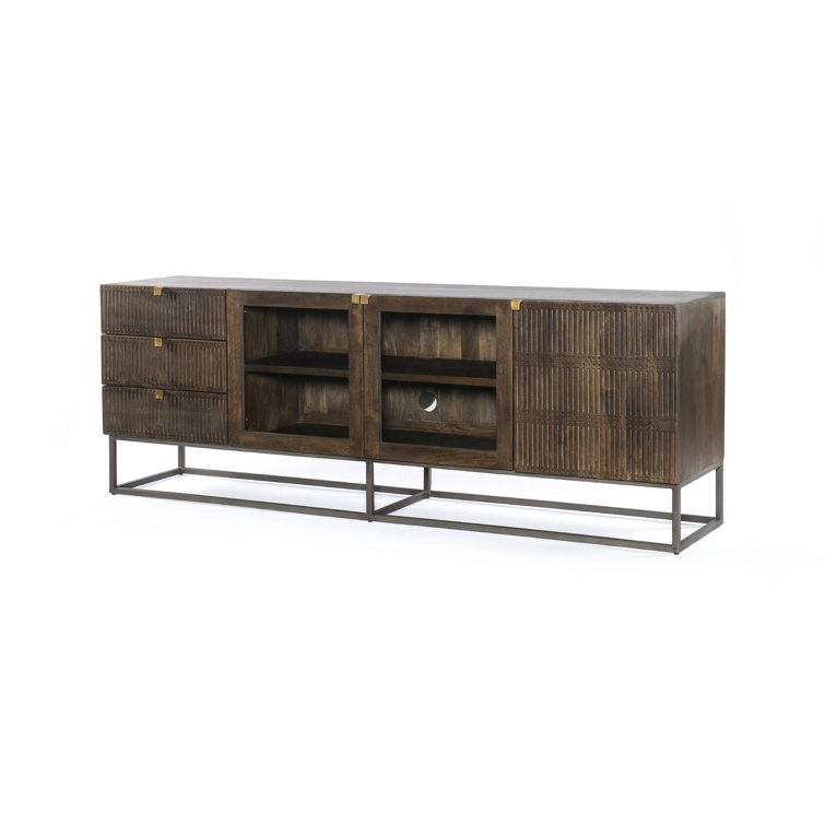 Vintage Brown Mango Wood TV Stand with Glass Doors