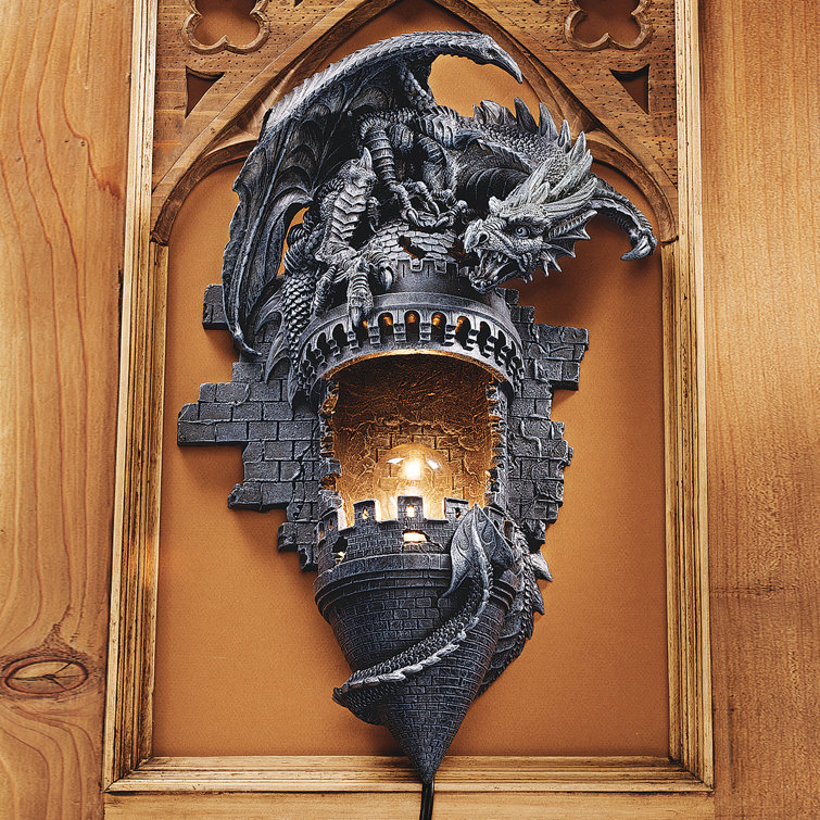 Gothic Dragon Castle Turret Wall Sconce in Grey Stone