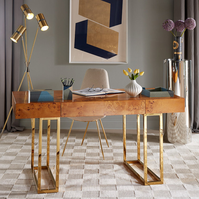 Bond Executive White Burled Mappa Desk with Polished Brass Base