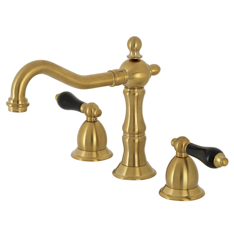 Duchess Brushed Brass Widespread Bathroom Faucet with Black Porcelain Handles