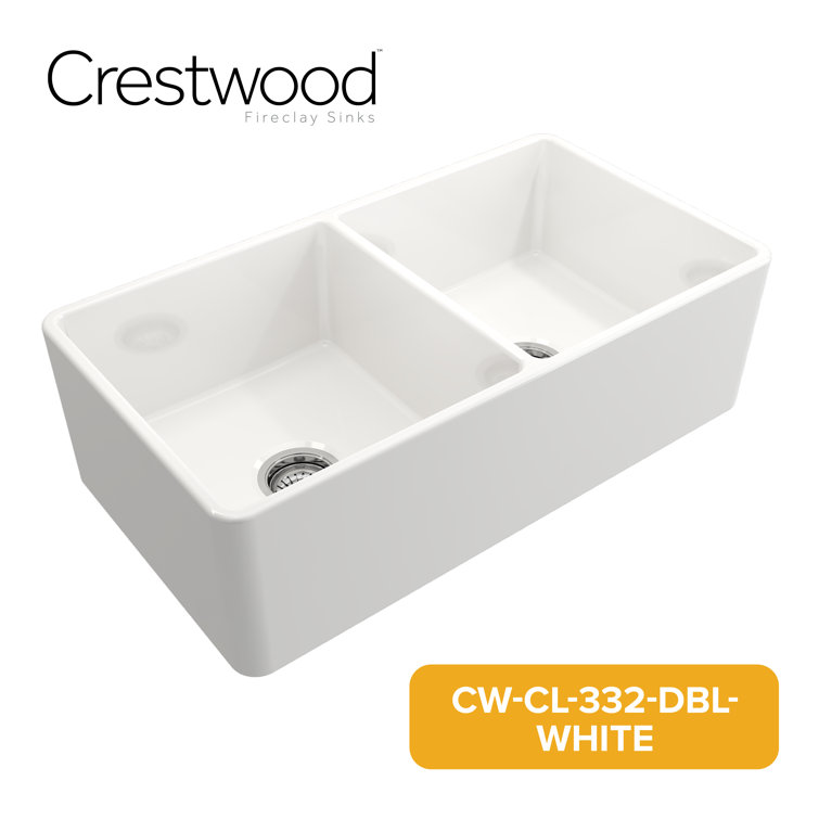 39" White Fireclay Double Bowl Farmhouse Sink