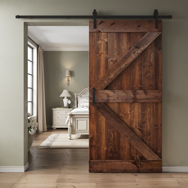 Dark Walnut 42" x 84" Pine Wood Sliding Barn Door with Steel Hardware Kit