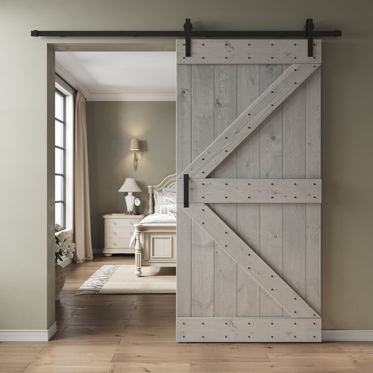 Light Gray Pine Wood Sliding Barn Door with Black Hardware Kit