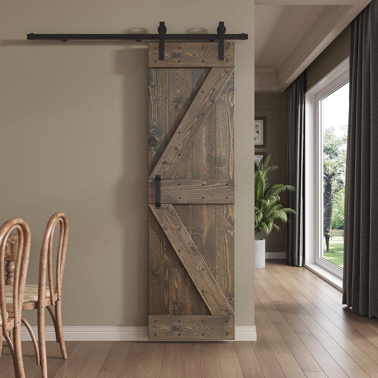 Smoky Gray Pine Wood Sliding Barn Door with Black Hardware Kit