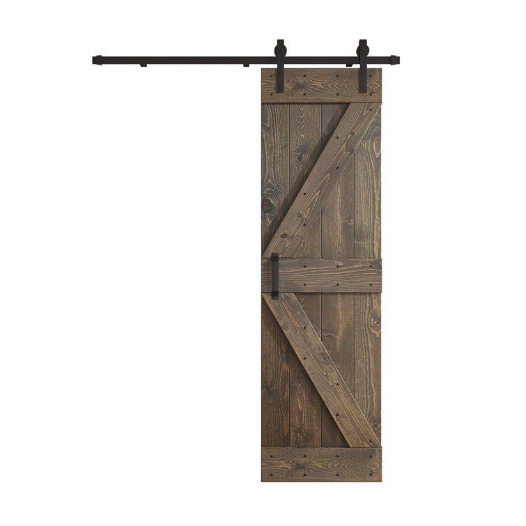 Smoky Gray Pine Wood Sliding Barn Door with Black Hardware Kit