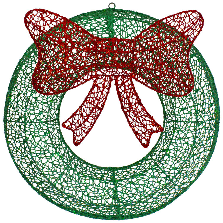 24" LED Lighted Green Glitter Wreath with Red Bow