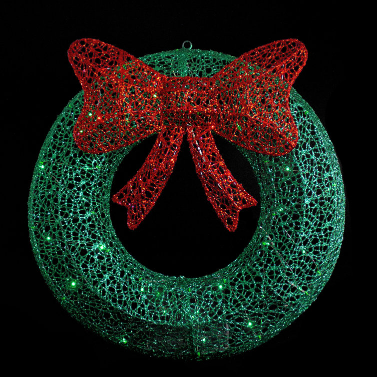 24" LED Lighted Green Glitter Wreath with Red Bow