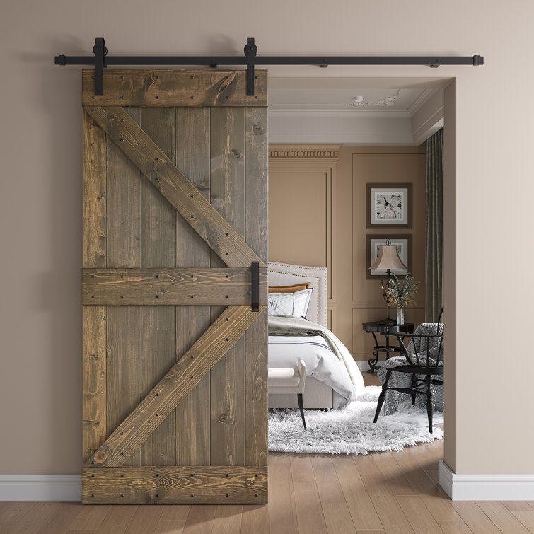 Smoky Gray Pine Wood Sliding Barn Door with Black Hardware Kit
