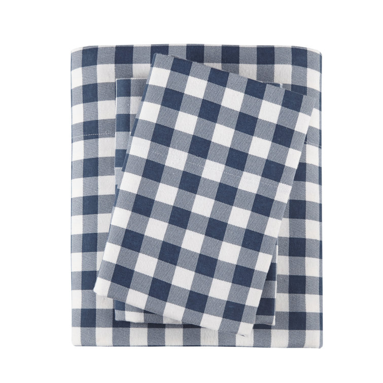 Queen Blue Plaid Cotton Flannel Sheet Set