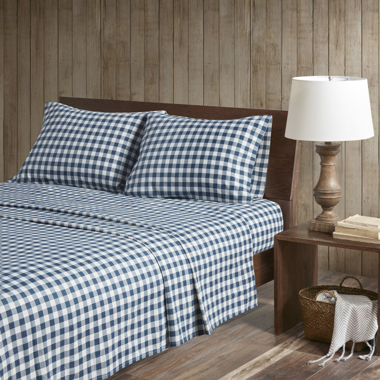 Queen Blue Plaid Cotton Flannel Sheet Set