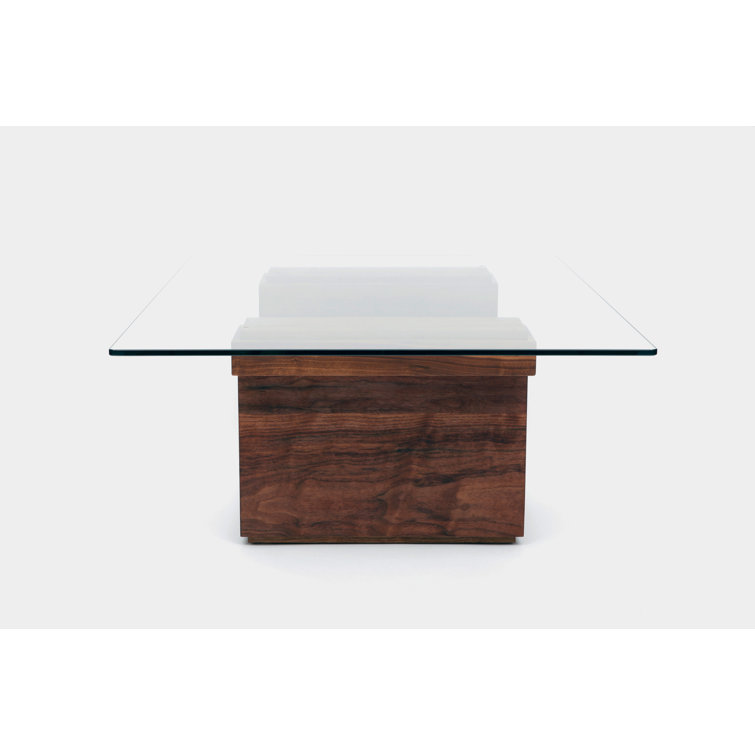 Walnut Pedestal Coffee Table with Rectangular Glass Top