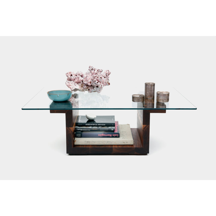 Walnut Pedestal Coffee Table with Rectangular Glass Top