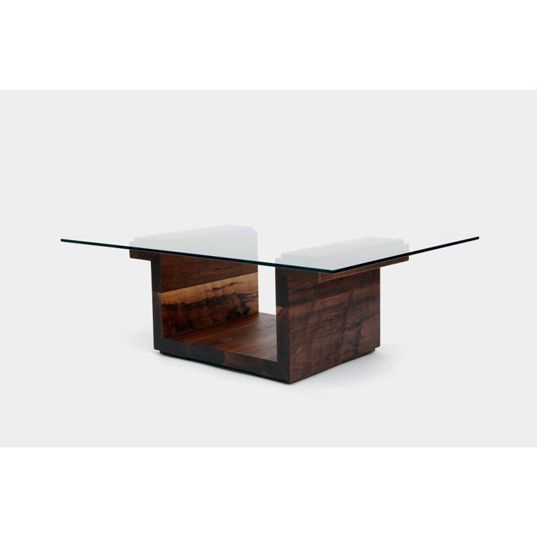 Walnut Pedestal Coffee Table with Rectangular Glass Top