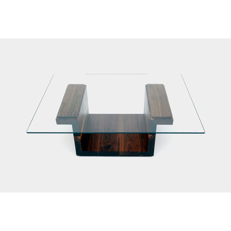 Walnut Pedestal Coffee Table with Rectangular Glass Top