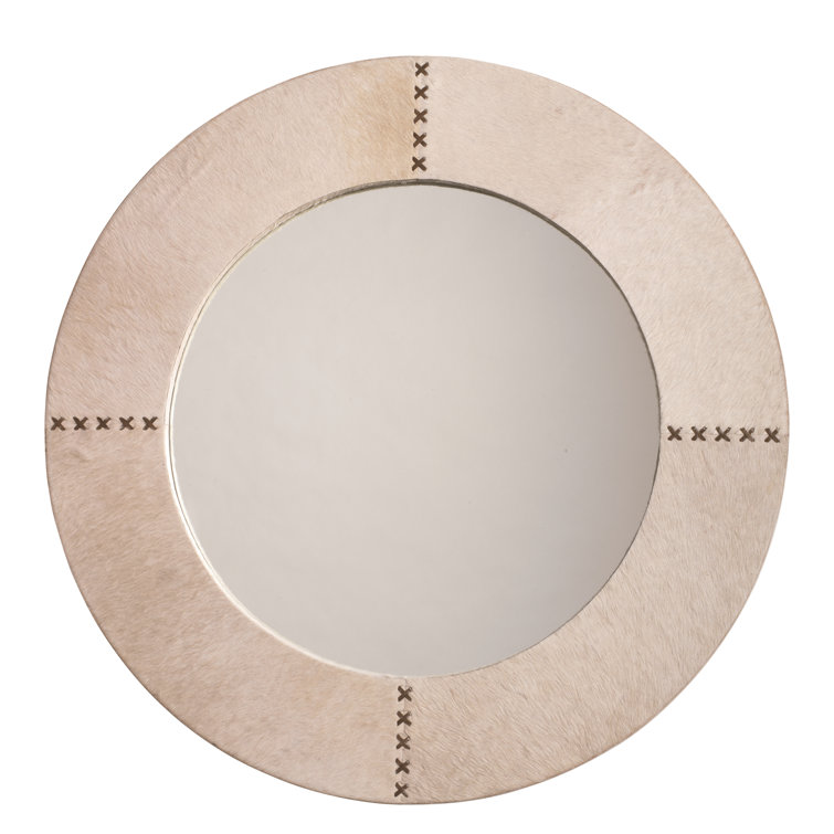 Whip-Stitched White Hide & Chocolate Leather Round Vanity Mirror
