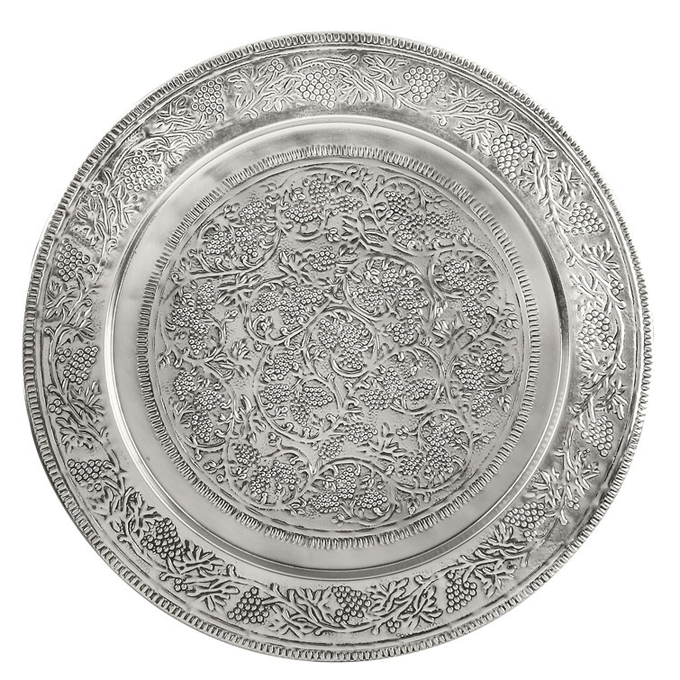 Moroccan Vineyard-Inspired Round Aluminum Tray Table in Silver and Black