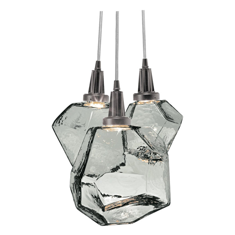 Smoke Glass Gem 3-Light LED Cluster Pendant in Gilded Brass
