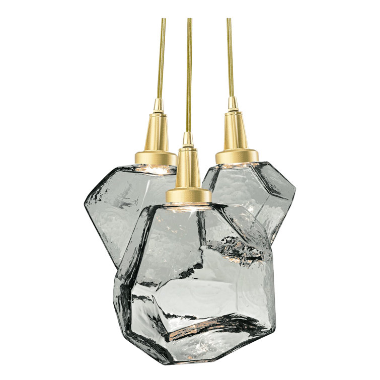 Smoke Glass Gem 3-Light LED Cluster Pendant in Gilded Brass