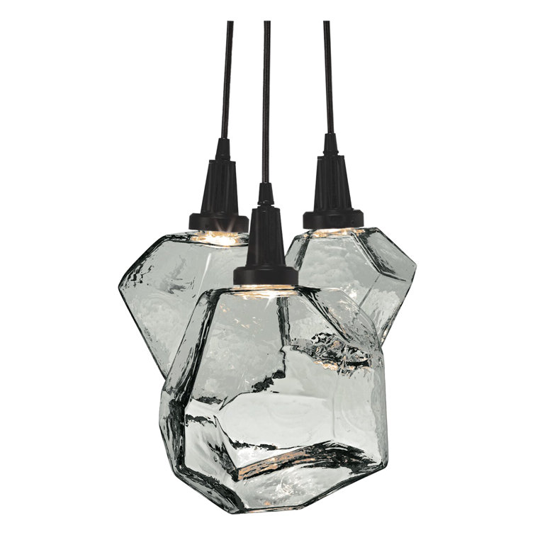 Smoke Glass Gem 3-Light LED Cluster Pendant in Gilded Brass