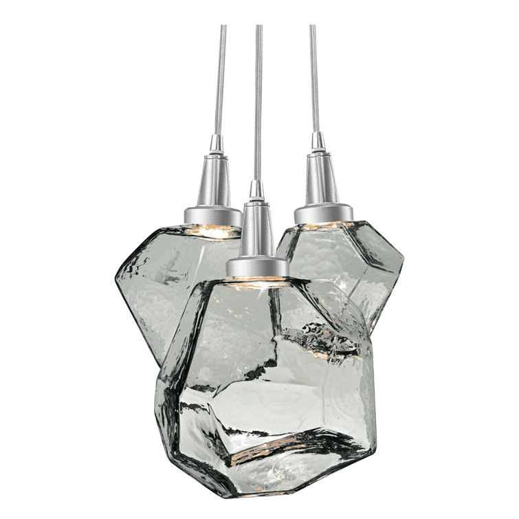 Smoke Glass Gem 3-Light LED Cluster Pendant in Gilded Brass