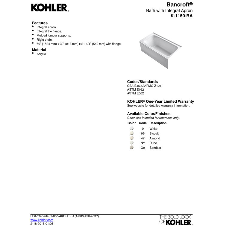 Bancroft 60" White Acrylic Alcove Bath with Apron