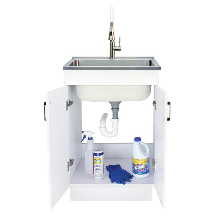 24-Inch White and Stainless Steel Freestanding Laundry Sink with Faucet