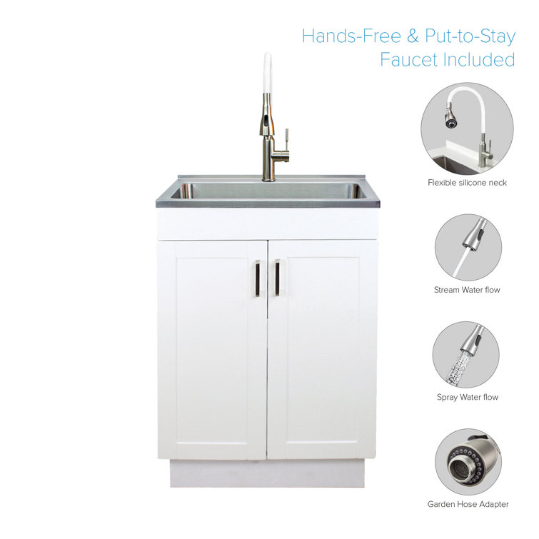 24-Inch White and Stainless Steel Freestanding Laundry Sink with Faucet