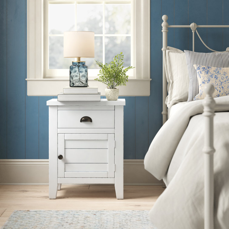 Transitional Weathered White Wood Accent Table with Storage