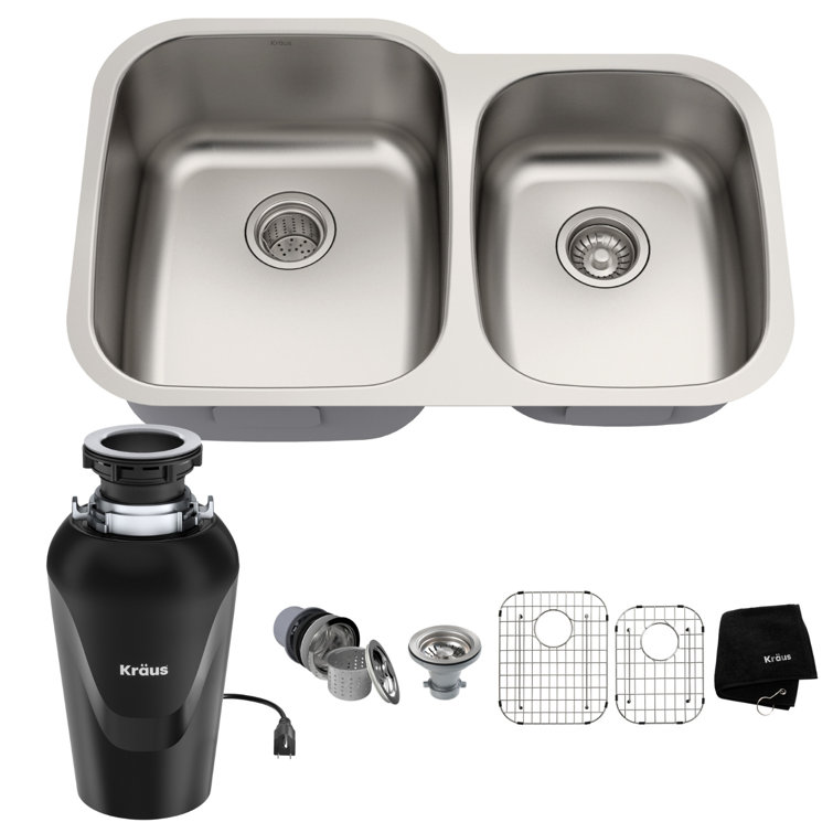 32-Inch Stainless Steel Double Bowl Kitchen Sink with Garbage Disposal