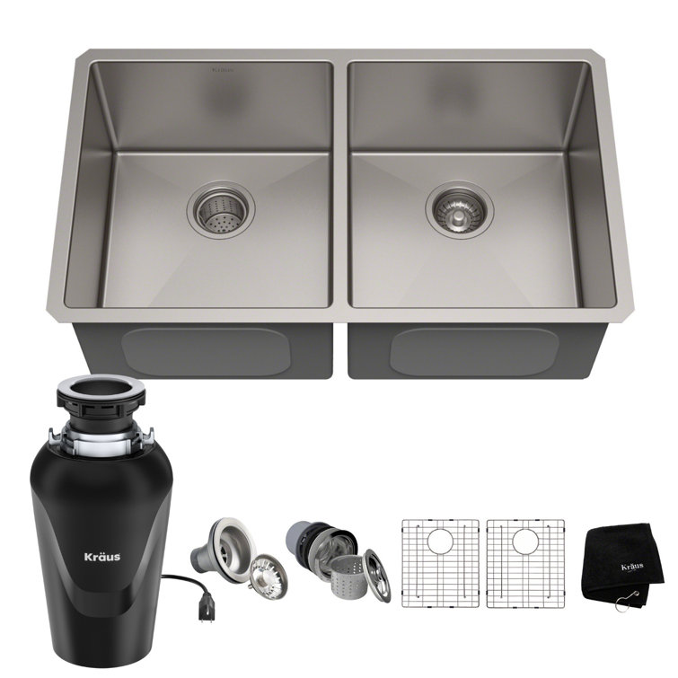 33" Satin Stainless Steel Double Bowl Farmhouse Sink with Disposal