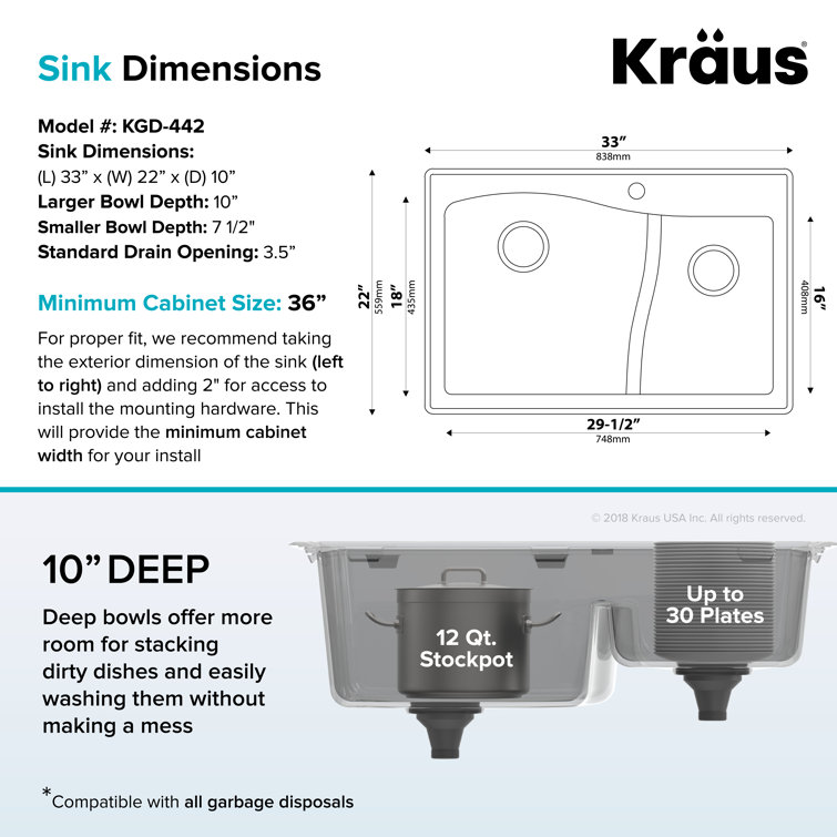 Kraus 33" Black Granite Double Bowl Kitchen Sink with Garbage Disposal