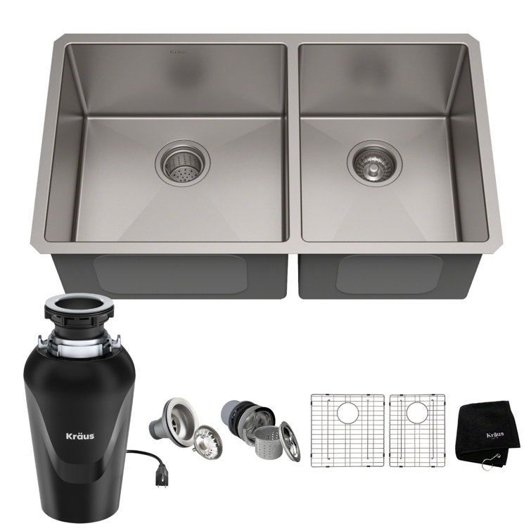 33'' Stainless Steel Double Bowl Farmhouse Kitchen Sink with Garbage Disposal