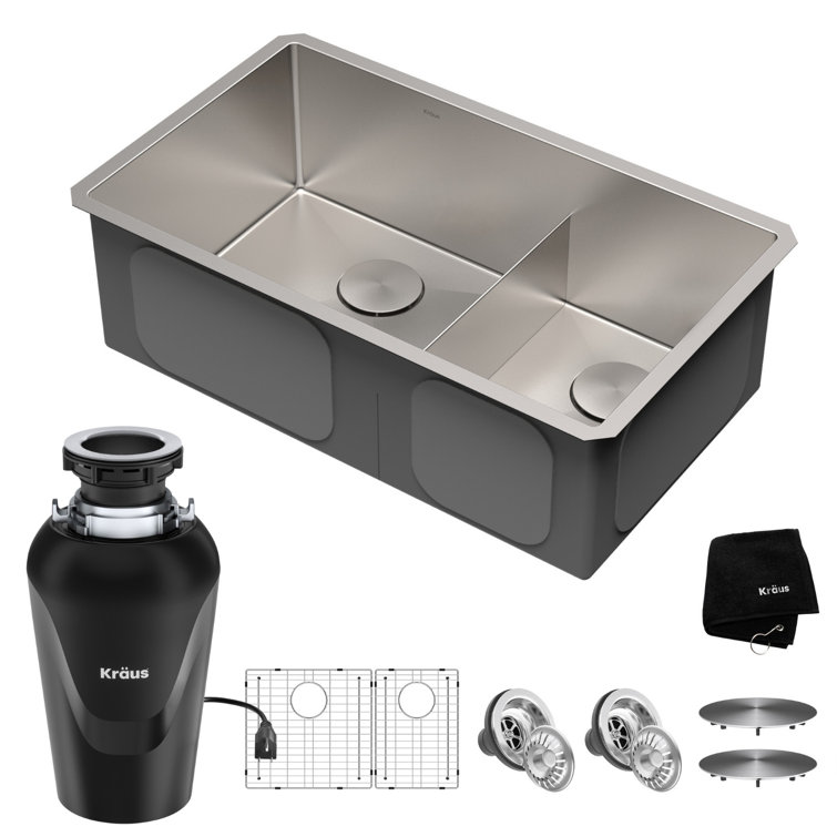 32-inch Satin Stainless Steel Double Bowl Farmhouse Sink with Garbage Disposal