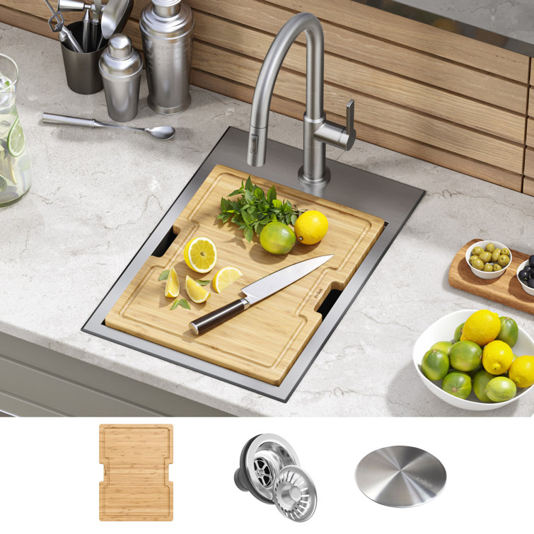 Kore 15" Stainless Steel Outdoor Workstation Sink with Bamboo Cutting Board
