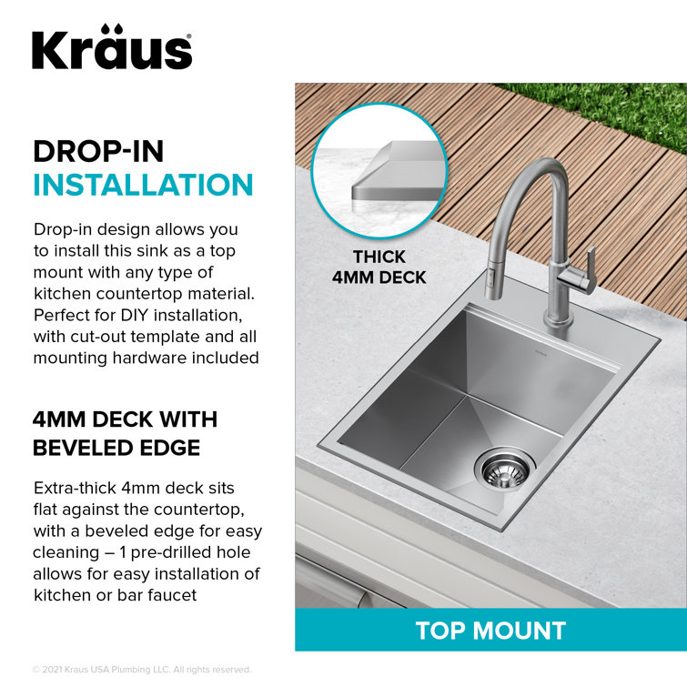Kore 15" Stainless Steel Outdoor Workstation Sink with Bamboo Cutting Board