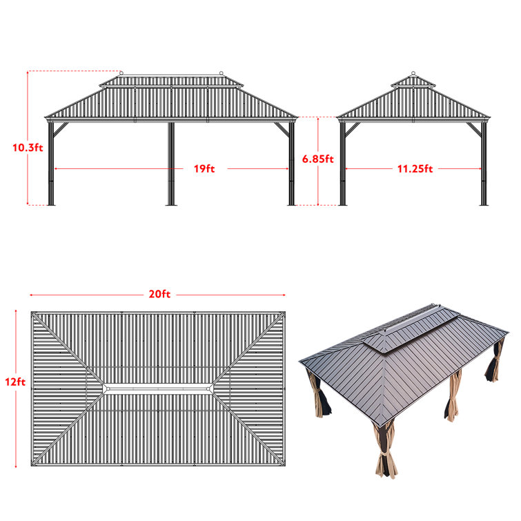 Erommy 12' x 20' Double Roof Steel Hardtop Gazebo with Curtains