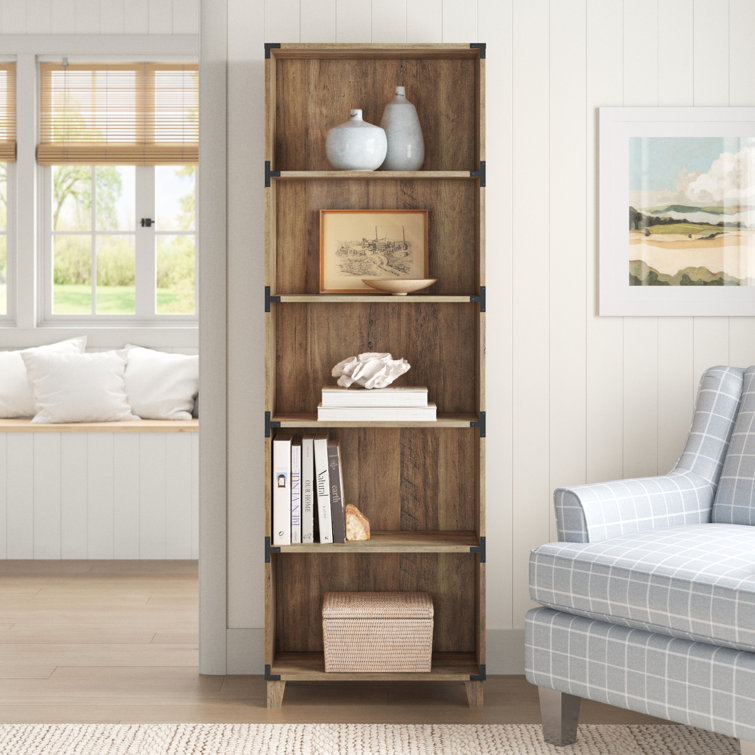 Rustic Oak 5-Shelf Bookcase with Black Metal Brackets