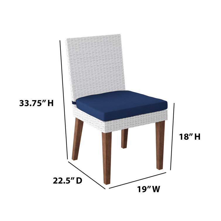White Wicker Outdoor Dining Chairs with Navy Cushions, Set of 2