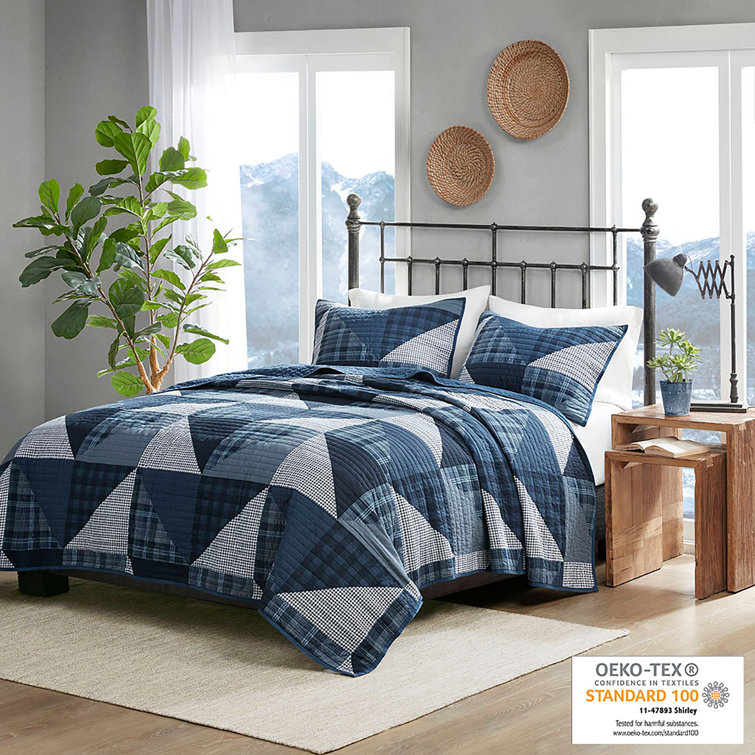 Blue Cotton Patchwork King Quilt Set with Shams