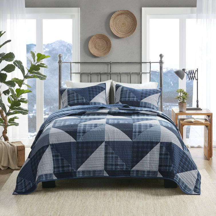 Blue Cotton Patchwork King Quilt Set with Shams